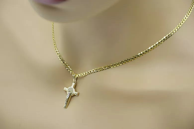 Italian yellow 14k gold Catholic cross & Gourmette chain