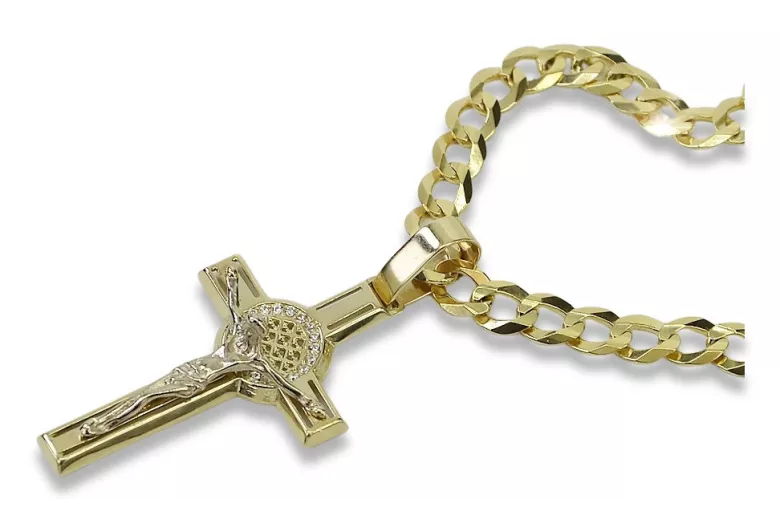 Croix catholique jaune 14 carats & chaîne Gourmette ctc024yw&cc001y