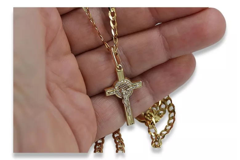 Yellow 14k gold Catholic cross & Gourmette chain ctc024yw&cc001y