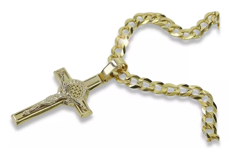 Italian yellow 14k gold Catholic cross & gourmette chain ctc027yw&cc001y