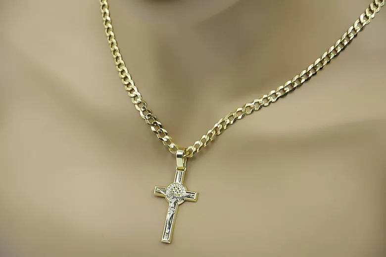 Italian yellow 14k gold Catholic cross & gourmette chain ctc027yw&cc001y