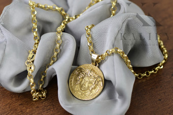 Złota zawieszka Meduza grecki wzór 14k 585 z łańcuszkiem cpn049y&cc003y