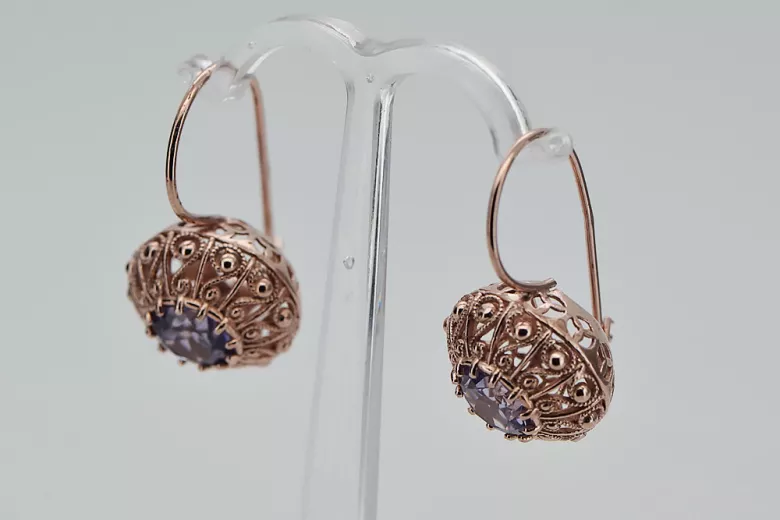 Exclusivos pendientes de alejandrita en oro rosa antiguo de 14k vec002, diseño soviético ruso style