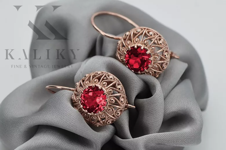 Exceptionnelles boucles d'oreilles en rubis et or rose 14 carats vec002, vintage d'origine russe soviétique style