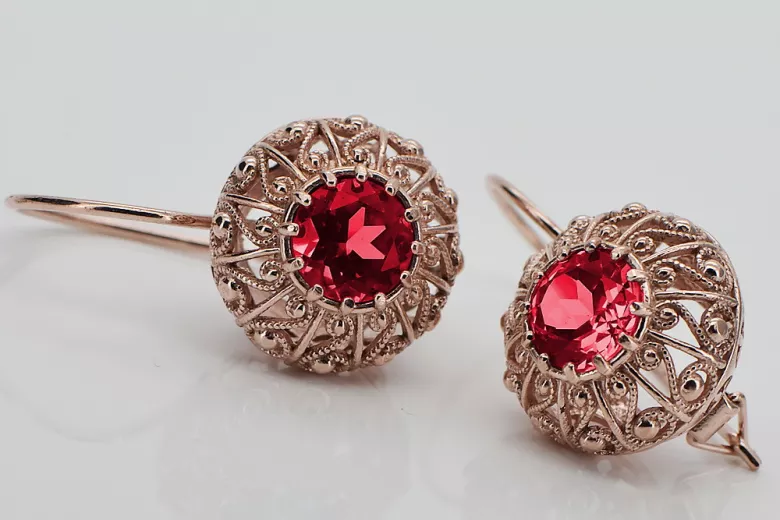 Exceptionnelles boucles d'oreilles en rubis et or rose 14 carats vec002, vintage d'origine russe soviétique style