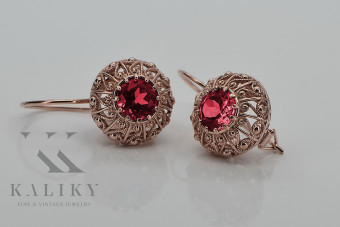 "Elegantes Pendientes de Rubí y Oro Rosa Antiguo de 14k vec002 Diseño Ruso Soviético" style