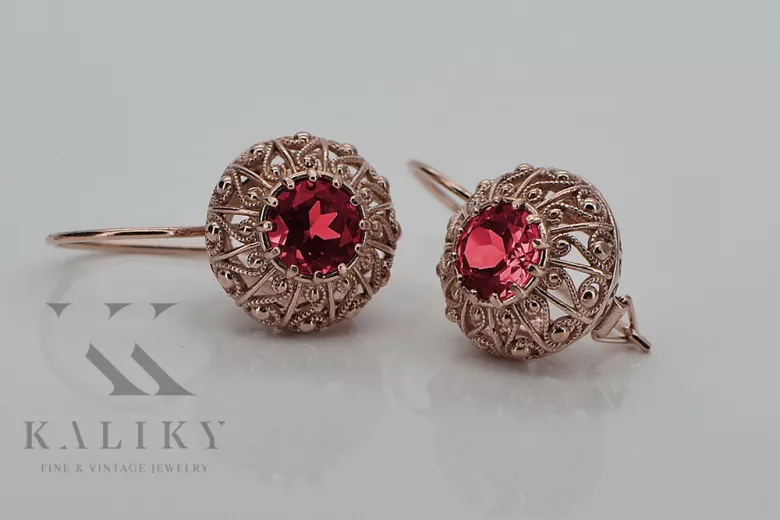 Exceptionnelles boucles d'oreilles en rubis et or rose 14 carats vec002, vintage d'origine russe soviétique style