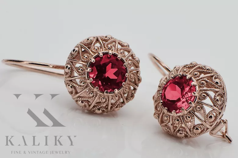 Exceptionnelles boucles d'oreilles en rubis et or rose 14 carats vec002, vintage d'origine russe soviétique style