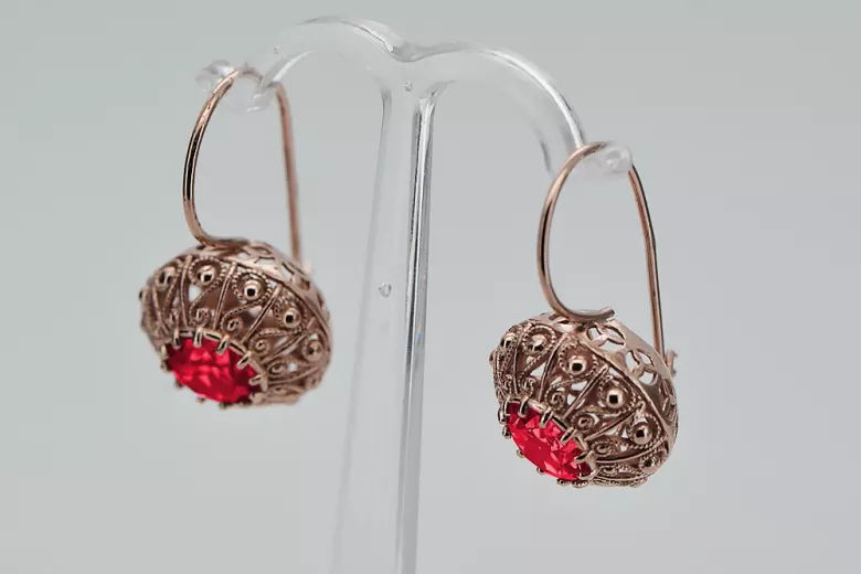 Exceptionnelles boucles d'oreilles en rubis et or rose 14 carats vec002, vintage d'origine russe soviétique style