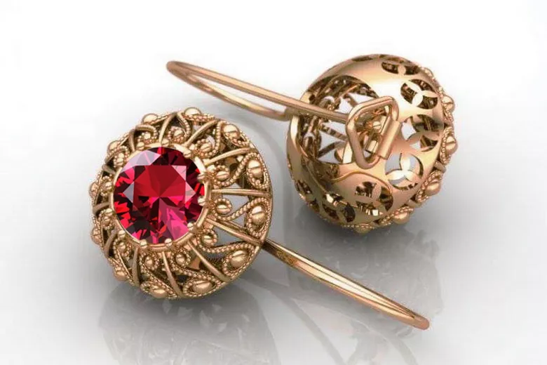 Exceptionnelles boucles d'oreilles en rubis et or rose 14 carats vec002, vintage d'origine russe soviétique style