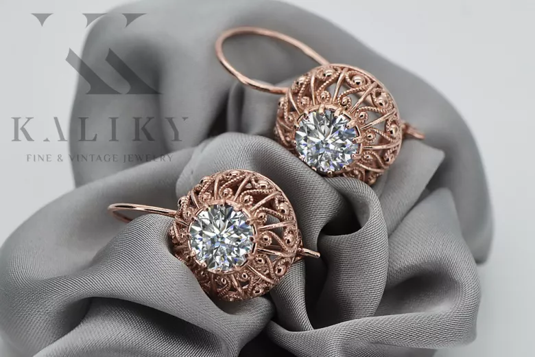 Pendientes de Oro Rosa Antiguo de 14k y Zircón Vec002, Diseño Vintage Ruso Soviético style