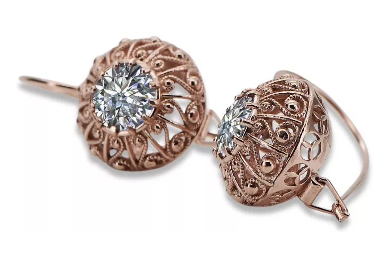 Pendientes de Oro Rosa Antiguo de 14k y Zircón Vec002, Diseño Vintage Ruso Soviético style