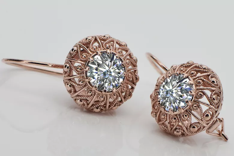 "Boucles d'oreilles d'époque en Or Rose 14 carats et Zircon vec002 de la Russie Soviétique" style