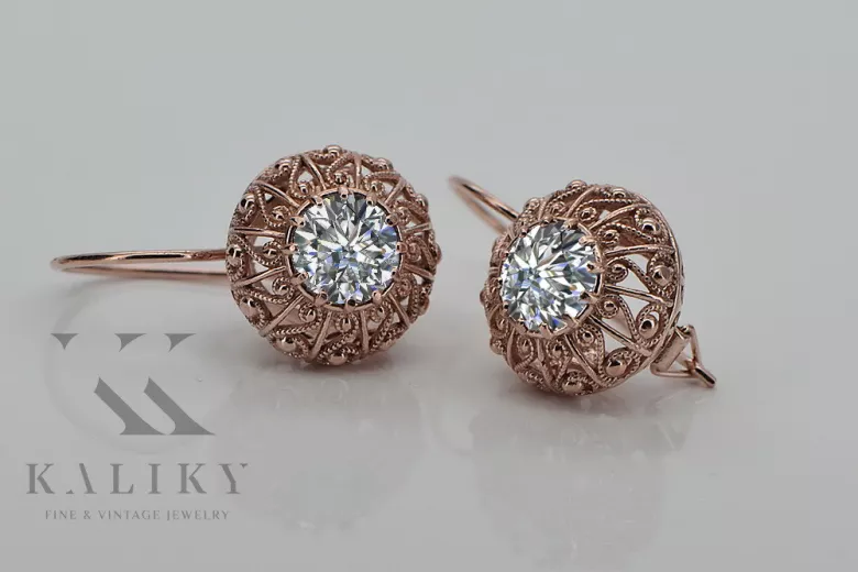 Pendientes de Oro Rosa Antiguo de 14k y Zircón Vec002, Diseño Vintage Ruso Soviético style