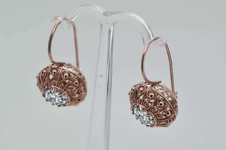 "Boucles d'oreilles d'époque en Or Rose 14 carats et Zircon vec002 de la Russie Soviétique" style