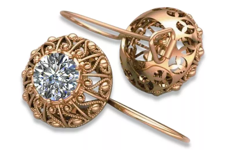 Pendientes de Oro Rosa Antiguo de 14k y Zircón Vec002, Diseño Vintage Ruso Soviético style