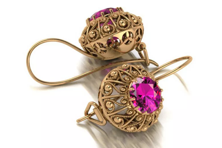 Exquisite Amethyst 14K Rose Gold Earrings, Vintage Russian Soviet Style vec002