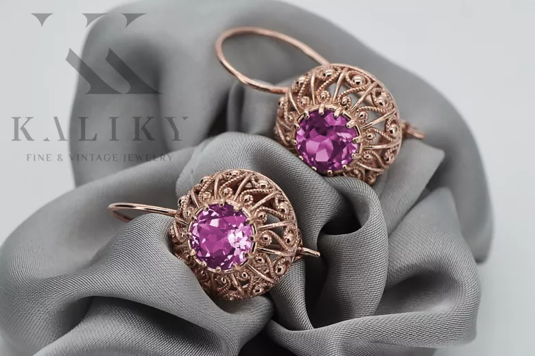 "Amatista con Auténtico Oro Rosa Antiguo de 14k Pendientes vec002 Inspiración Soviética Rusa" style