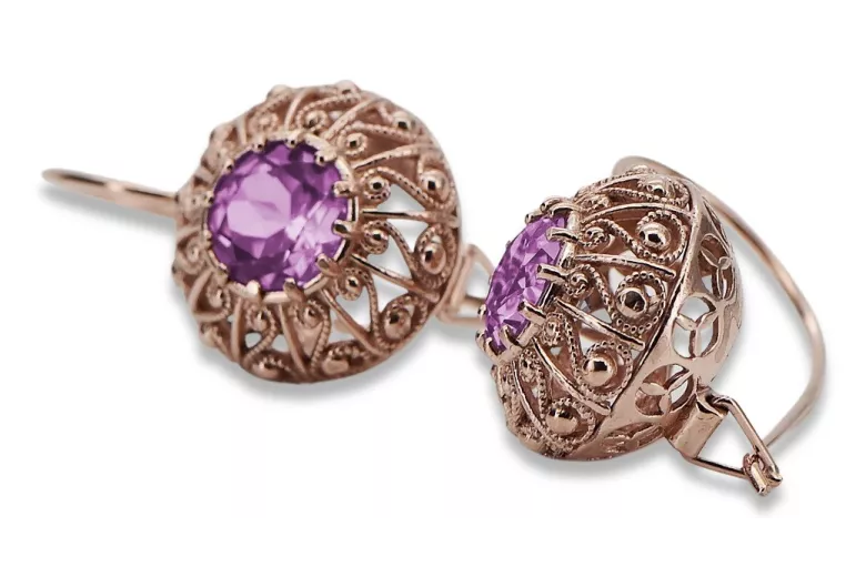 Exquisite Amethyst 14K Rose Gold Earrings, Vintage Russian Soviet Style vec002