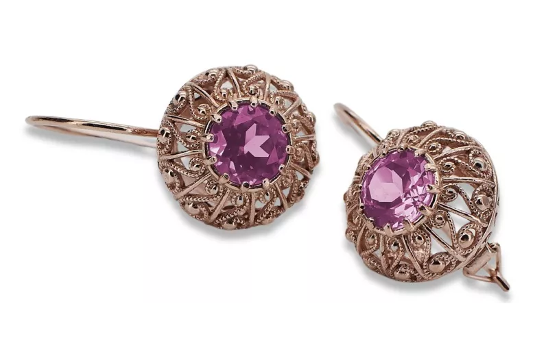 Exquisite Amethyst 14K Rose Gold Earrings, Vintage Russian Soviet Style vec002