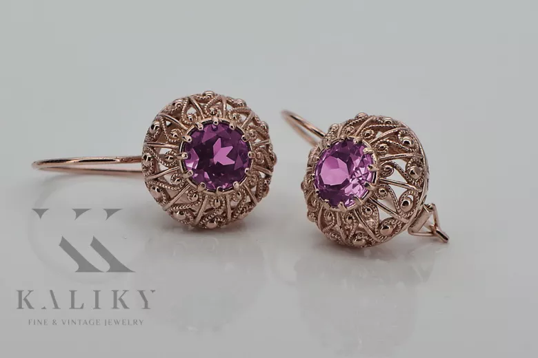 "Amatista con Auténtico Oro Rosa Antiguo de 14k Pendientes vec002 Inspiración Soviética Rusa" style