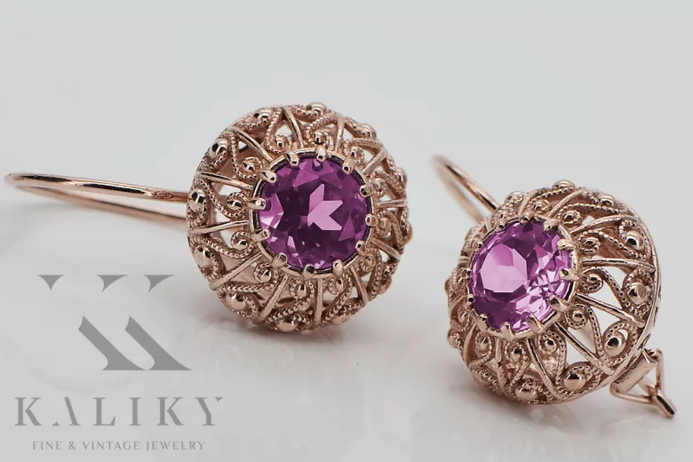 Exquisite Amethyst 14K Rose Gold Earrings, Vintage Russian Soviet Style vec002