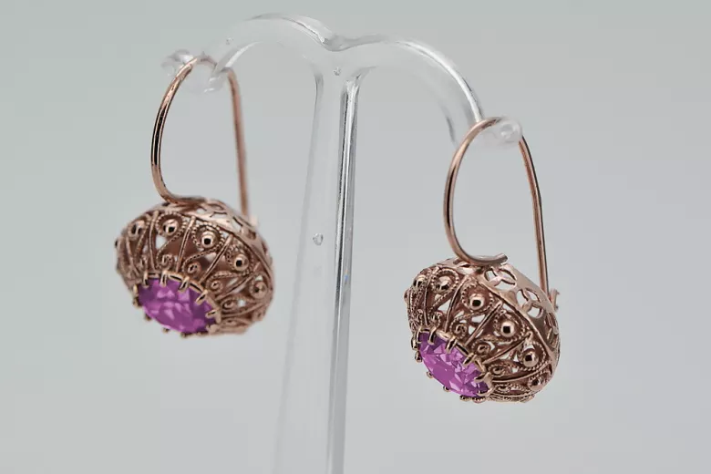 Exquisite Amethyst 14K Rose Gold Earrings, Vintage Russian Soviet Style vec002