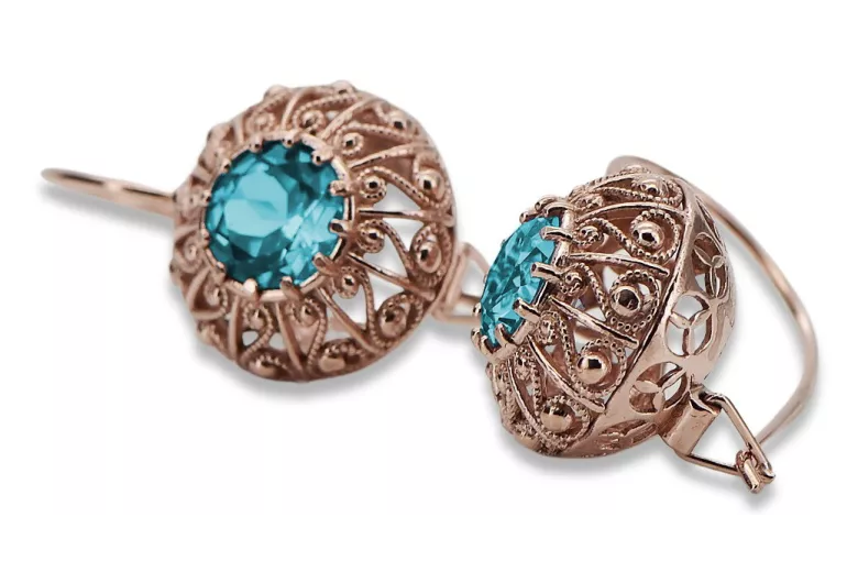 Earrings Aigue-marine vintage, Or rose 14 carats d'origine russe soviétique vec002. style