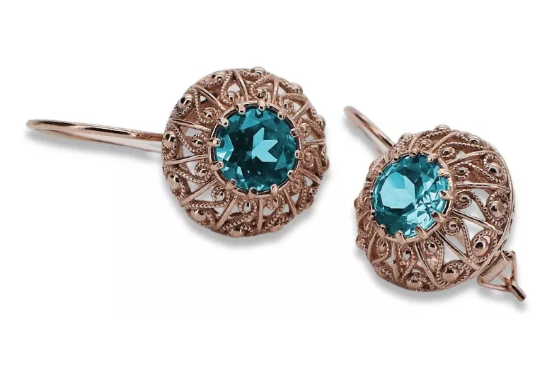 "Vintage Russian Soviet vec002: Original 14K Rose Gold Aquamarine Earrings" style