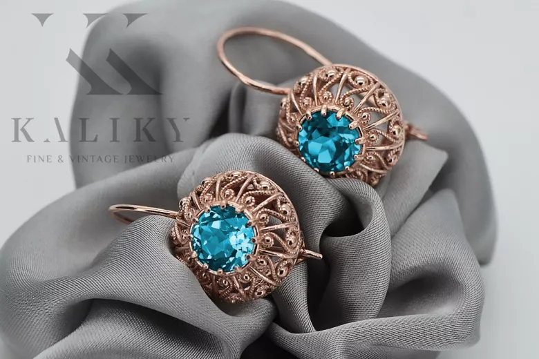 "Exclusivos Aretes de Aguamarina con Oro Rosa Antiguo de 14k vec002, Inspiración Soviética R style