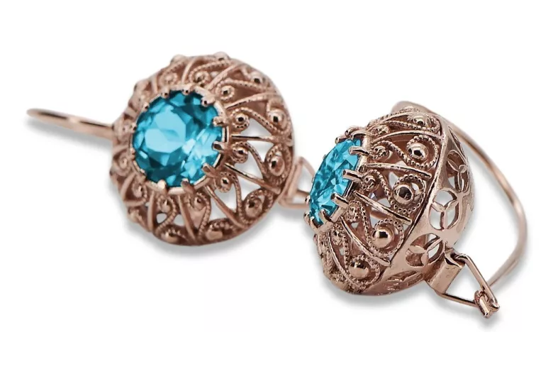 Earrings Aigue-marine vintage, Or rose 14 carats d'origine russe soviétique vec002. style