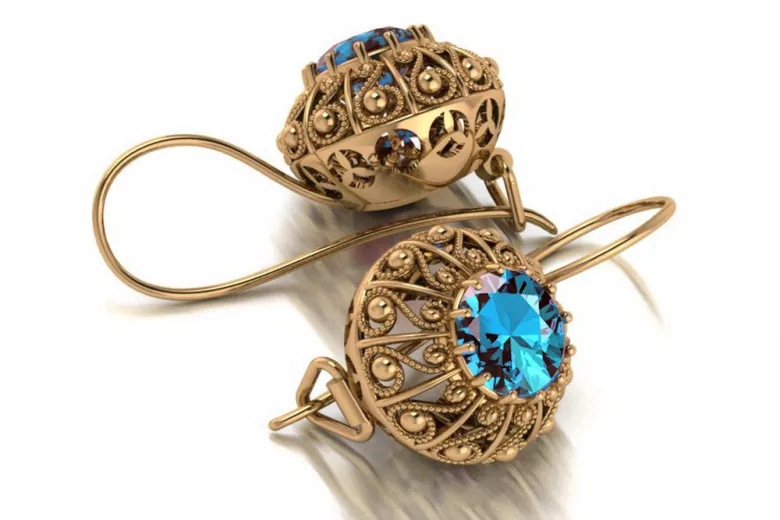 Earrings Aigue-marine vintage, Or rose 14 carats d'origine russe soviétique vec002. style