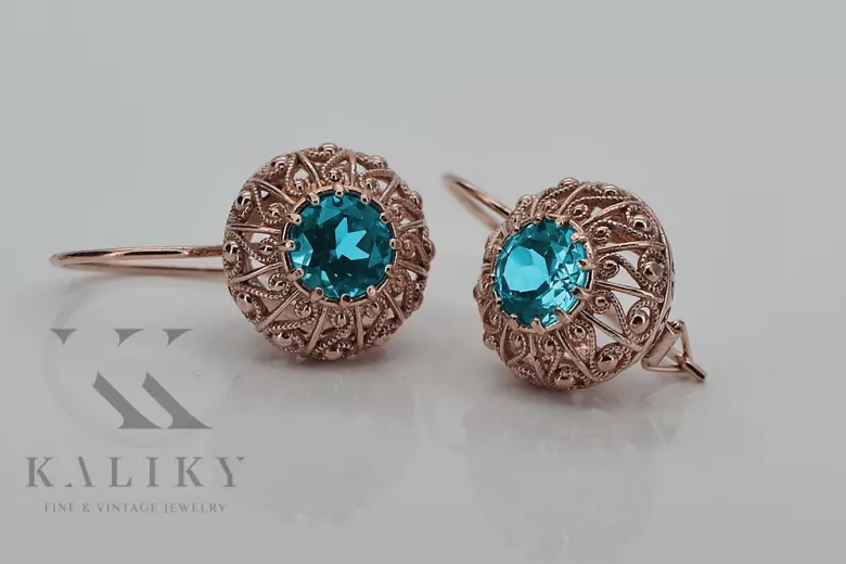 "Exclusivos Aretes de Aguamarina con Oro Rosa Antiguo de 14k vec002, Inspiración Soviética R style