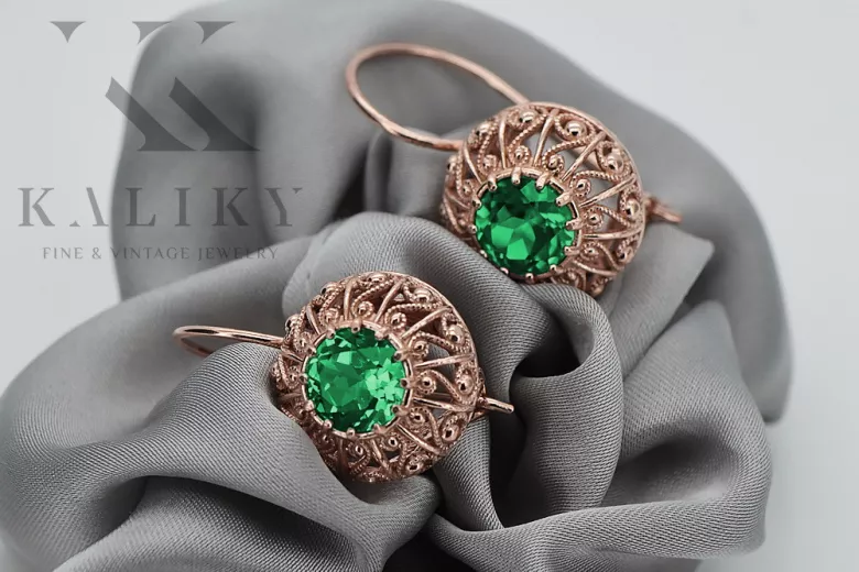 "Vintage Russian Soviet 14K Rose Pink Gold Earrings with Emeralds - Authentic VEC002" style