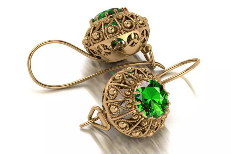 "Vintage Russian Soviet 14K Rose Pink Gold Earrings with Emeralds - Authentic VEC002" style