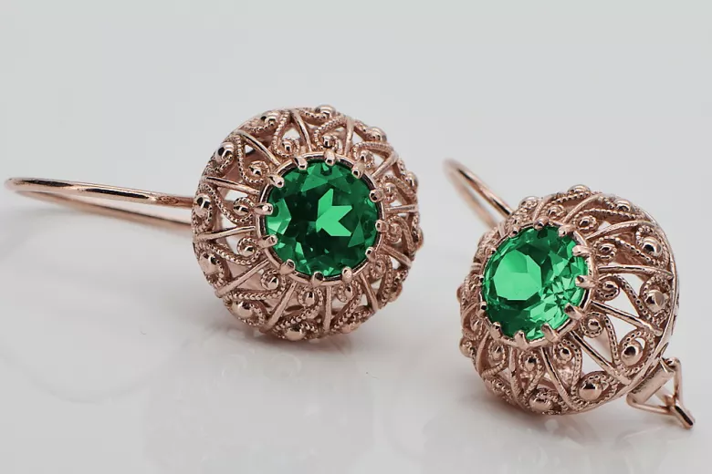 "Vintage Russian Soviet 14K Rose Pink Gold Earrings with Emeralds - Authentic VEC002" style