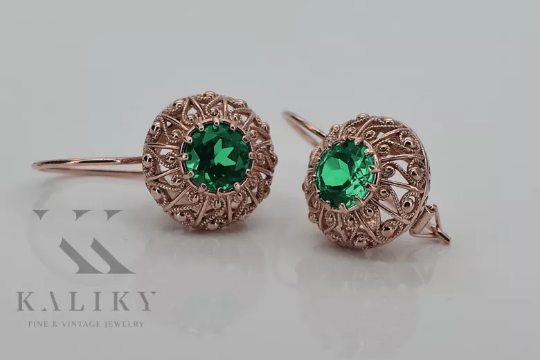 "Vintage Russian Soviet 14K Rose Pink Gold Earrings with Emeralds - Authentic VEC002" style