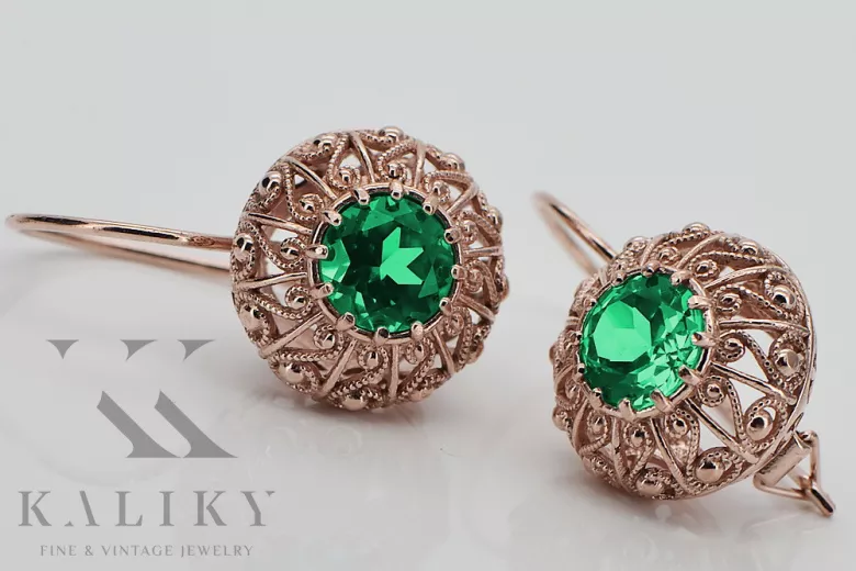 "Vintage Russian Soviet 14K Rose Pink Gold Earrings with Emeralds - Authentic VEC002" style