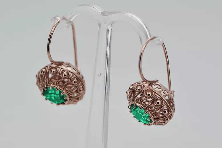 "Vintage Russian Soviet 14K Rose Pink Gold Earrings with Emeralds - Authentic VEC002" style