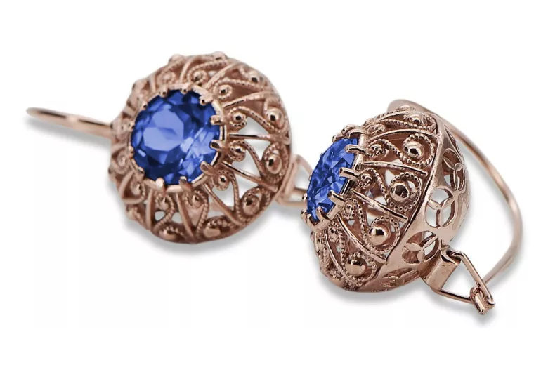 Soviet Russian Inspired Vintage 14K Rose Gold Sapphire Earrings vec002