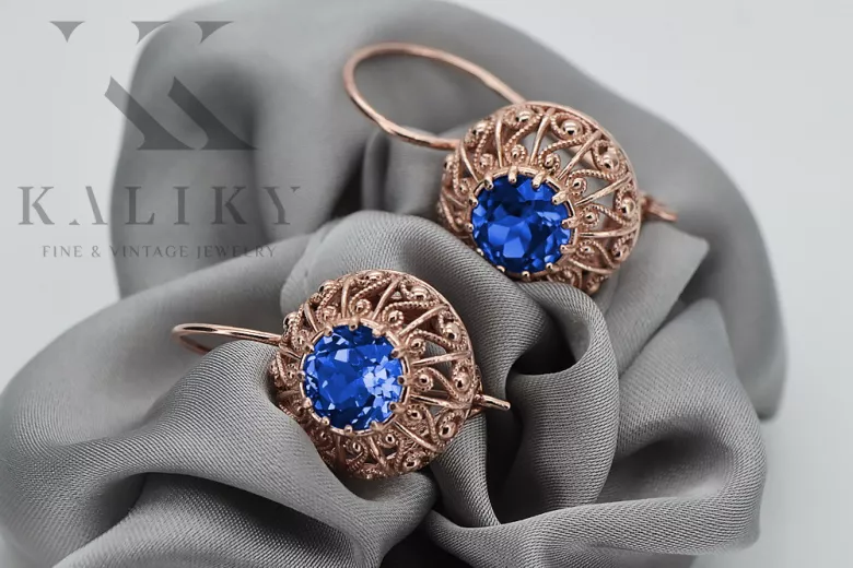 "Pendientes Soviéticos Rusos vec002 de Zafiro y Oro Rosa Antiguo de 14k" style