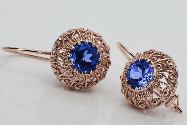 Soviet Russian Inspired Vintage 14K Rose Gold Sapphire Earrings vec002