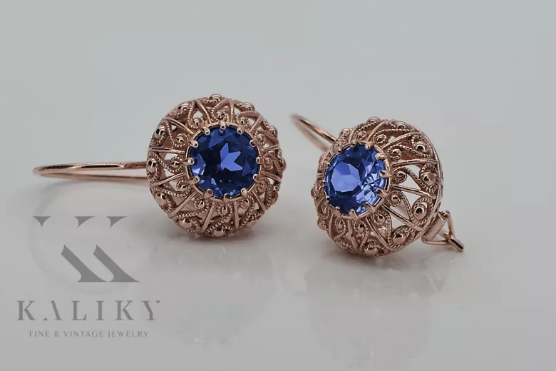 "Pendientes Soviéticos Rusos vec002 de Zafiro y Oro Rosa Antiguo de 14k" style