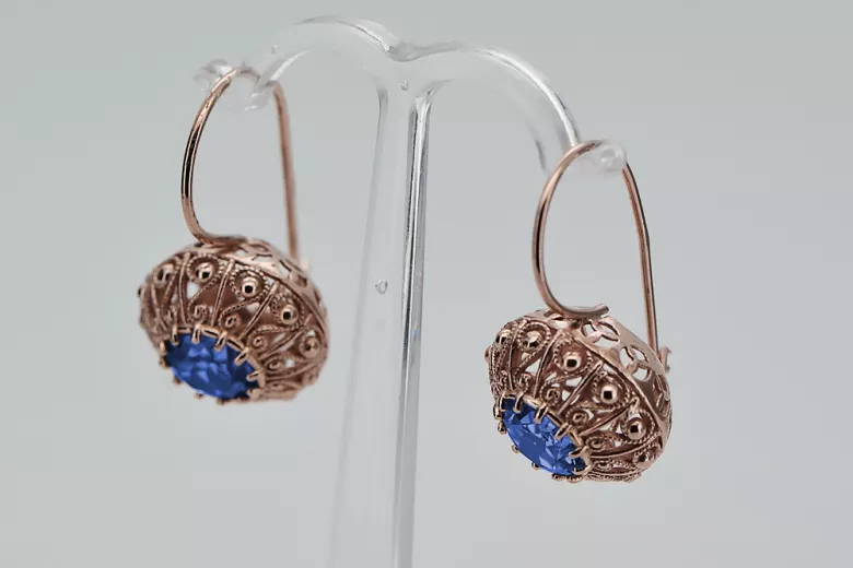 "Pendientes Soviéticos Rusos vec002 de Zafiro y Oro Rosa Antiguo de 14k" style