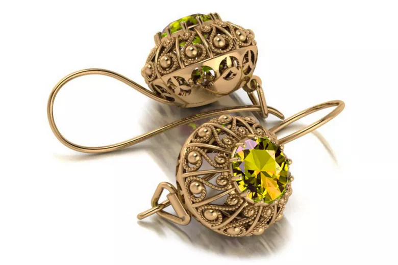 "Soviet Era Russian 14K Rose Gold Earrings with Vintage Yellow Peridot - vec002" style