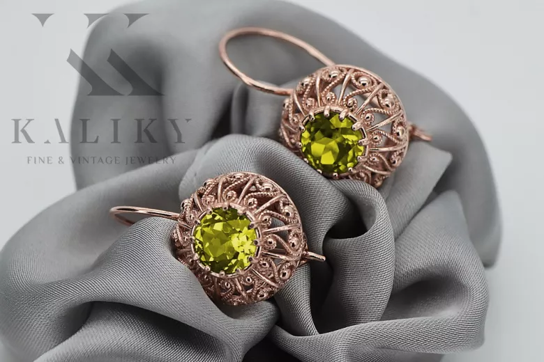 "Pendientes Soviéticos Rusos Vec002 de Peridoto en Oro Rosa Antiguo Auténtico 14k" style