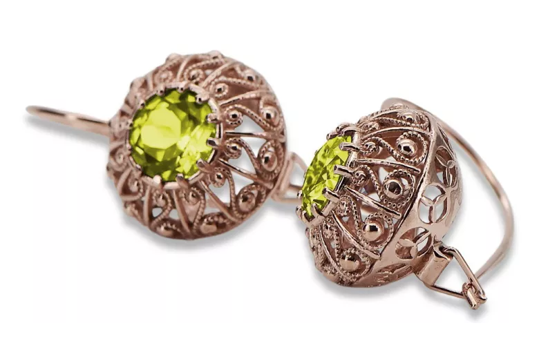 "Pendientes Soviéticos Rusos Vec002 de Peridoto en Oro Rosa Antiguo Auténtico 14k" style