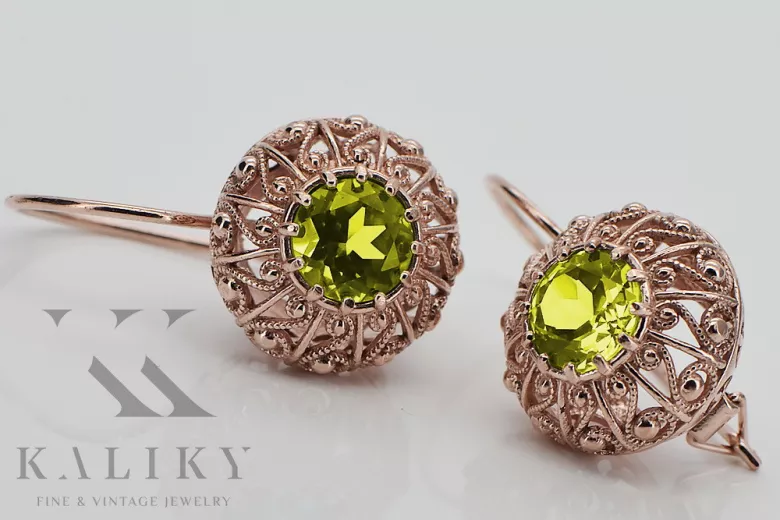 "Pendientes Soviéticos Rusos Vec002 de Peridoto en Oro Rosa Antiguo Auténtico 14k" style