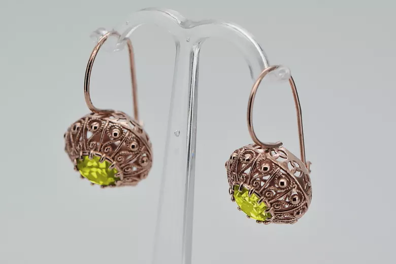 "Soviet Era Russian 14K Rose Gold Earrings with Vintage Yellow Peridot - vec002" style