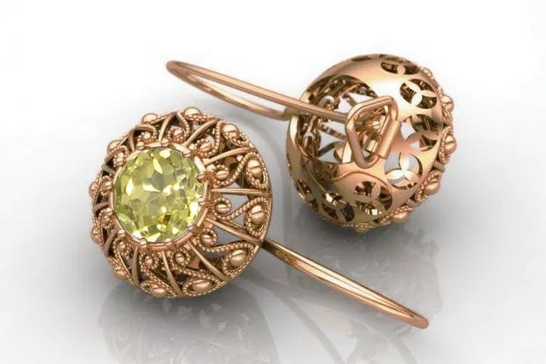 "Soviet Era Russian 14K Rose Gold Earrings with Vintage Yellow Peridot - vec002" style